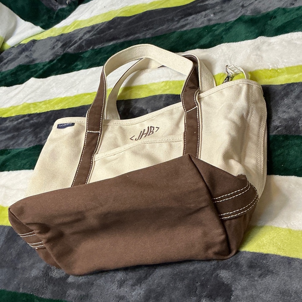 Lands' End Cream and Brown Canvas Duffel Tote - Picture 10 of 13